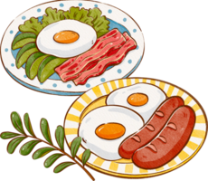 Two sunny-side-up eggs and sausages on a white plate, accompanied by a healthy breakfast of salad, avocado, bacon, and a fried egg on a polka dot plate, american breakfast, hand-drawn watercolor png