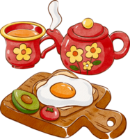 cute egg toast topped with tomato and avocado on a wooden cutting board, with a red teapot and teacup featuring a yellow floral pattern, american breakfast, hand-drawn watercolor illustration png