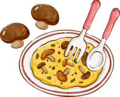 cute mushroom soup served in a white circular plate with a red pattern, american breakfast, hand-drawn watercolor illustration png