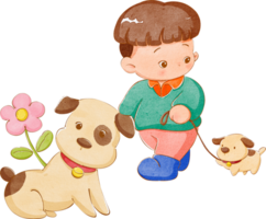A short-haired boy walks a small dog alongside a large dog in a garden filled with bright, colorful flowers, hand-drawn watercolor painting illustration png