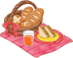 A basket tied with a red bow holds a baguette, with a glass of orange juice and two sandwiches on a yellow plate, placed on a red picnic mat in a spring garden, hand-drawn watercolor painting i png