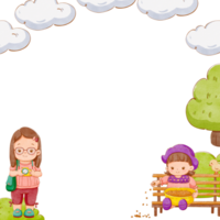 A girl with long hair stands taking photos, while a short-haired girl sits on a bench feeding birds under white clouds, hand-drawn watercolor painting frame design png