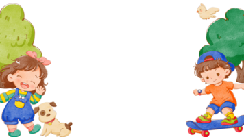 A girl brings her dog to play in the garden, waving hello to a boy skating by, hand-drawn watercolor painting frame design png