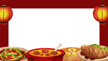 A variety of Chinese dishes displayed in a Chinese restaurant, decorated with red lanterns, hand-drawn watercolor painting frame design png