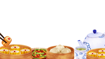 Various dim sum in small and large bamboo steamers, along with a white porcelain tea set with blue patterns in Chinese style, hand-drawn watercolor painting frame design png