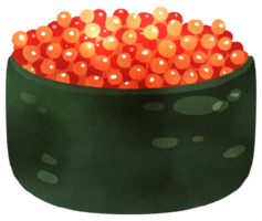 Salmon roe gunkan sushi wrapped in seaweed, topped with bright orange salmon eggs and garnished with a hint of wasabi, hand-drawn watercolor painting illustration png
