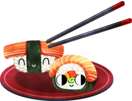 Salmon maki roll and crab stick sushi wrapped in seaweed placed on a red plate with chopsticks picking them up, hand-drawn watercolor painting illustration png