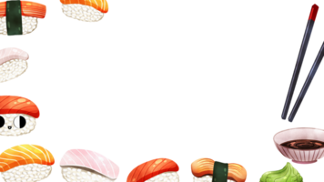 Sushi in orange, red, and white fish varieties, featuring rolls wrapped in seaweed, accompanied by wasabi, soy sauce, and chopsticks, hand-drawn watercolor frame design. png