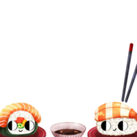 Salmon maki roll, soy sauce with wasabi, and shrimp sushi with chopsticks, hand-drawn watercolor frame design. png