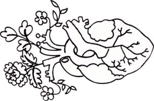 A heart adorned with small flowers, Line art, hand-drawn watercolor illustration png