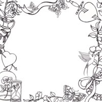 A rose with its stem in a glass jar, heart-shaped lace fabric, and a butterfly, Line art, hand-drawn line art frame design png