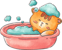 Orange cat lounging in soapy water in a bathtub, hand-drawn watercolor illustration png