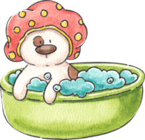 Dog soaking in soapy water with a shower cap, hand-drawn watercolor illustration png