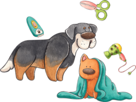 Black dog getting a haircut and brown dog with a towel on its head, hand-drawn watercolor painting illustration png