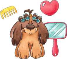 Dog getting a haircut with a comb and mirror nearby, hand-drawn watercolor painting illustration png