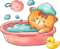 Orange cat lounging in soapy bubbles, hand-drawn watercolor painting illustration png