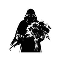 A mysterious figure in a hooded cloak holds a bouquet of roses, blending beauty with an intriguing allure. vector