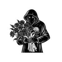 A mysterious figure in a dark cloak holds a bouquet of pink roses, blending beauty and intrigue in a captivating way. vector
