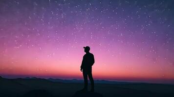 un' persona staglia contro un' crepuscolo cielo pieno con stelle, guardando in il distanza. Questo scena evoca un' senso di meraviglia, pace, e connessione per natura sotto il infinito distesa di il universo. video