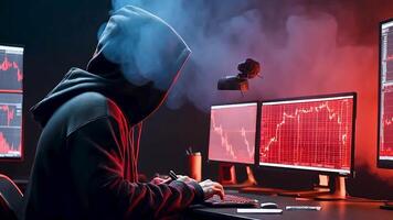 A hacker in a hooded sweatshirt works in a dark room surrounded by multiple monitors showing red financial data and stock market graphs. cybercrime, hacking, and financial market manipulation. video
