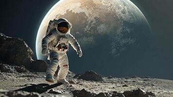 astronauta caminhando em a superfície do a estrangeiro planeta debaixo uma ampla distante lua, exibindo futurista espaço exploração e interestelar aventura dentro uma tirar o fôlego extraterrestre panorama. video