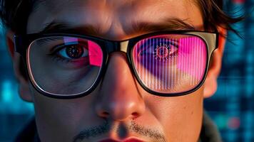 Close-up of a scientist wearing glasses analyzing a digital virus threat on a high-tech computer. This futuristic image reflects artificial intelligence, cybersecurity and modern technology. video