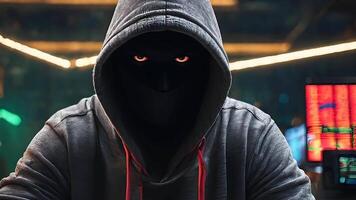 Mysterious hacker wearing a hood in a dark, cyberpunk setting. A visual metaphor for cybercrime, data theft, and internet security risks in the age of digital espionage and online hacking. video