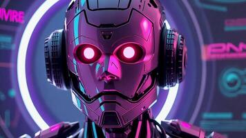 Cyborg robot with neon glowing eyes, representing futuristic technology and artificial intelligence in a vibrant digital scene. This sci-fi imagery captures the evolution of cybernetic designs. video