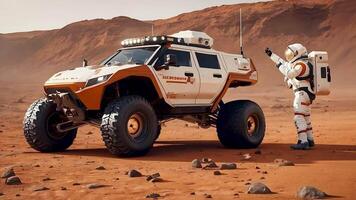 A futuristic Mars rover and astronaut in full exploration gear traverse the rocky Martian surface, representing cutting-edge space technology and human exploration of distant planets. video