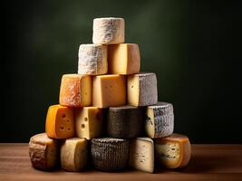 A pyramid of various types of cheese arranged on a table, showcasing a selection of flavors and textures. The cheeses range from soft to hard, with different colors and shapes photo