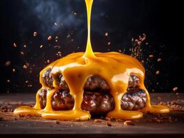 A juicy hamburger with cheese dripping down its sides, sitting on a rustic wooden table. The melted cheese enhances the savory burger, making it a mouthwatering meal in a casual, rustic setting photo