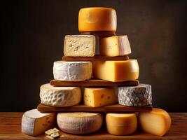 A pyramid of various types of cheese arranged on a table, showcasing a selection of flavors and textures. The cheeses range from soft to hard, with different colors and shapes photo