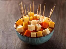Cheese and carrot skewers in a bowl photo