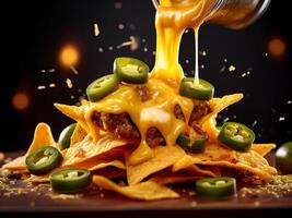 Hot, melted cheese being poured generously over a plate of crispy nachos. The golden cheese cascades down, coating the nachos with a rich, creamy layer, creating the perfect snack or appetizer photo
