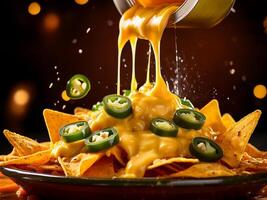 Hot, melted cheese being poured generously over a plate of crispy nachos. The golden cheese cascades down, coating the nachos with a rich, creamy layer, creating the perfect snack or appetizer photo
