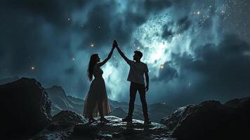 A couple shares a symbolic high five under a starry sky, silhouetted against a cosmic backdrop. This image evokes themes of connection, love, and wonder in a magical, surreal night setting. video