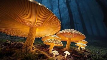 A group of bioluminescent mushrooms glow in a foggy forest, casting an ethereal light. This enchanting scene evokes themes of magic, mystery, and fantasy in a mystical woodland setting. video