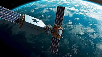 Modern satellite orbiting Earth with solar panels, playing a crucial role in satellite communication, space exploration, and real-time global positioning systems through advanced satellite technology. video