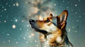 Dog stares thoughtfully at the starry sky in a snowy winter. The sky backdrop evokes a sense of wonder and curiosity. The relationship between animals and the mysteries of the universe. video