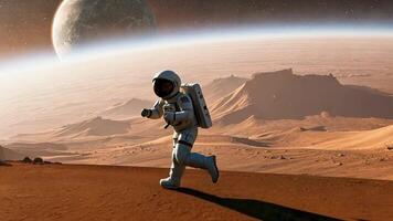 An astronaut walking on a distant desert planet with a stunning view of the stars and a distant planet in the background, capturing a futuristic space exploration scene on an alien world. video