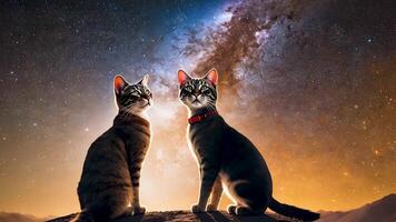 dos gatos sentar debajo el vasto lechoso forma, rodeado por estrellas en un tranquilo noche cielo. esta maravilloso imagen mezclas el belleza de animales con el interminable misterios de espacio. video