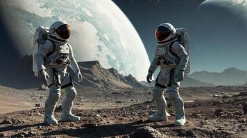 Two astronauts in advanced space suits stand on the rocky terrain of an unknown planet, set against a backdrop of a distant world, showcasing the marvels of space travel and planetary exploration. video