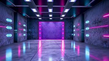 Futuristic neon-lit room with glowing walls, vibrant colors, and advanced technology. This modern interior design blends cyberpunk aesthetics and sci-fi elements for a striking, high-tech environment. video