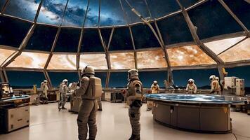 Raum Besatzung Innerhalb ein fortgeschritten Raum Bahnhof Steuerung Zimmer, beaufsichtigen ein Raum Mission mit futuristisch Technologie, Fokussierung auf interplanetar Forschung und kosmisch Erkundung von entfernt Galaxien. video