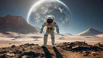 A lone astronaut on an alien planet, with a large planet looming in the sky. This image showcases space exploration, interplanetary travel, and the fascination with discovering worlds beyond Earth. video