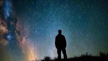un silueta de un persona observando el lechoso camino y incontable estrellas. esta imagen enfatiza el belleza de estudio de las estrellas, el tranquilidad de el noche cielo, y el infinito extensión de el universo. video