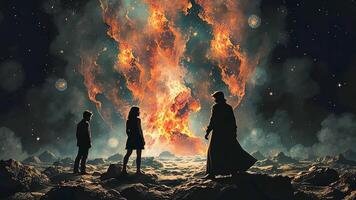 A dramatic sci-fi scene with three figures standing before a massive fiery explosion in space. The futuristic landscape features a cosmic firestorm set against a galaxy of stars and planets. video