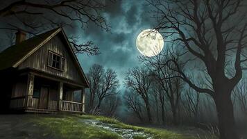 un antiguo de madera casa en un solitario bosque es iluminado por el lleno Luna. el desnudo arboles y oscuro nubes crear un misterioso atmósfera, Perfecto para evocando temas de misterio, horror, y aislamiento. video