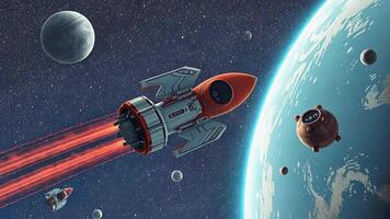 A spaceship flying in space with planets and celestial bodies in the background. Inspired by science fiction, it focuses on space exploration, space adventures, and futuristic space travel technology. video