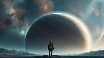 An astronaut stands on an alien planet gazing at a distant massive planet under a starry night sky, representing space exploration and the mystery of interstellar travel and discovery video